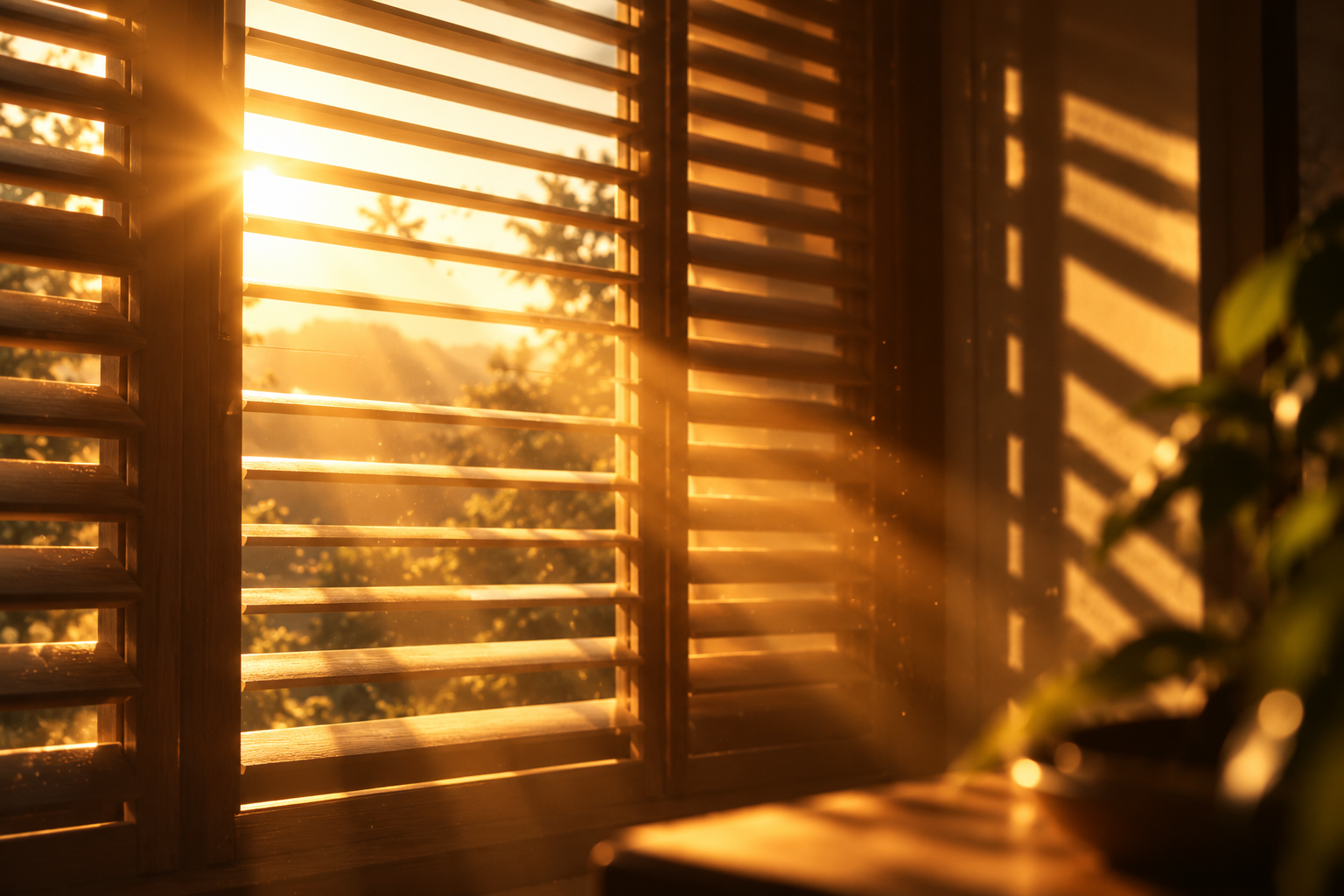Golden light coming through partly opened shutters